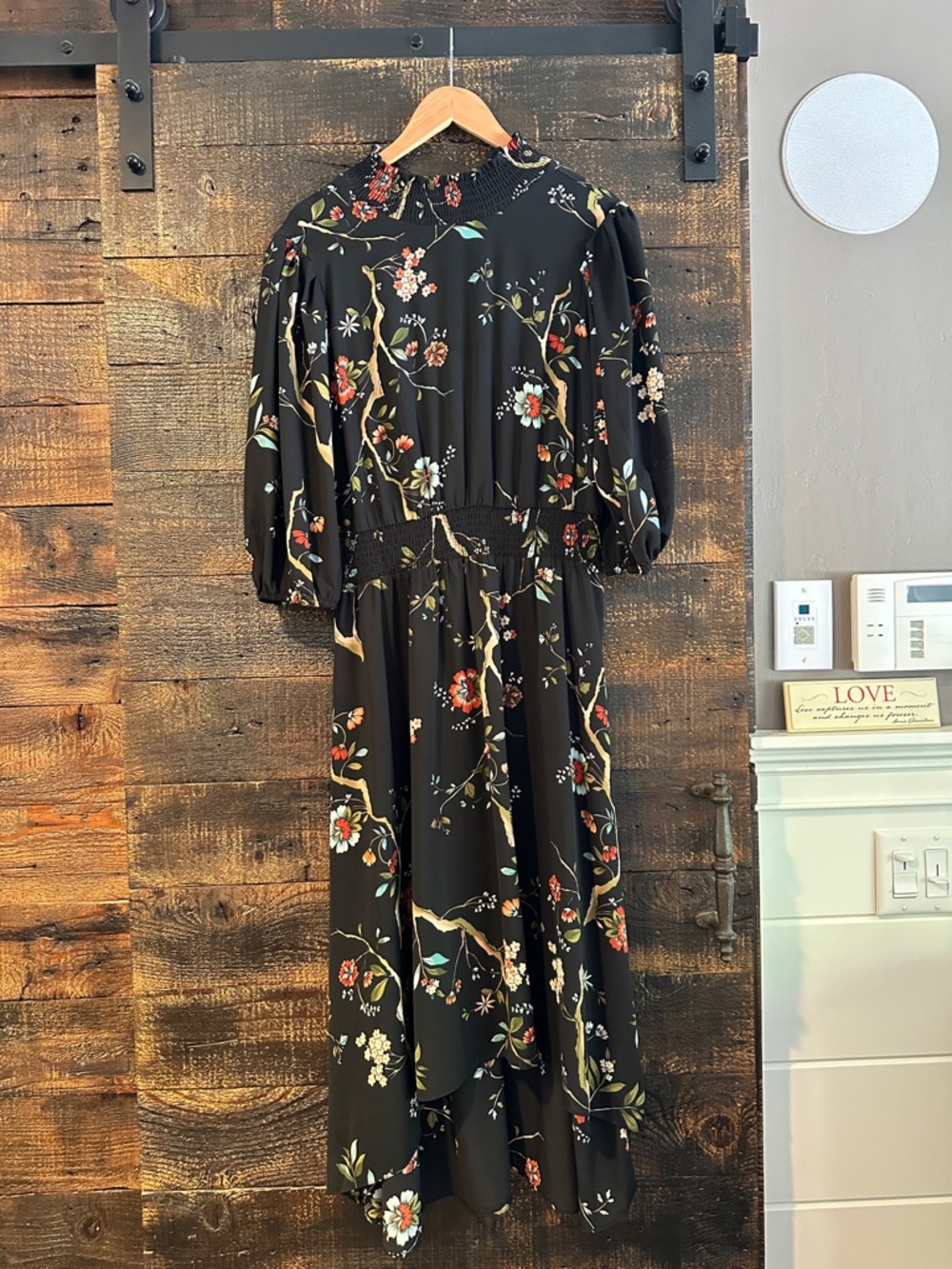 Nanette Lepore Black Floral Maxi Dress with Smocked Waist and Puff Sleeves